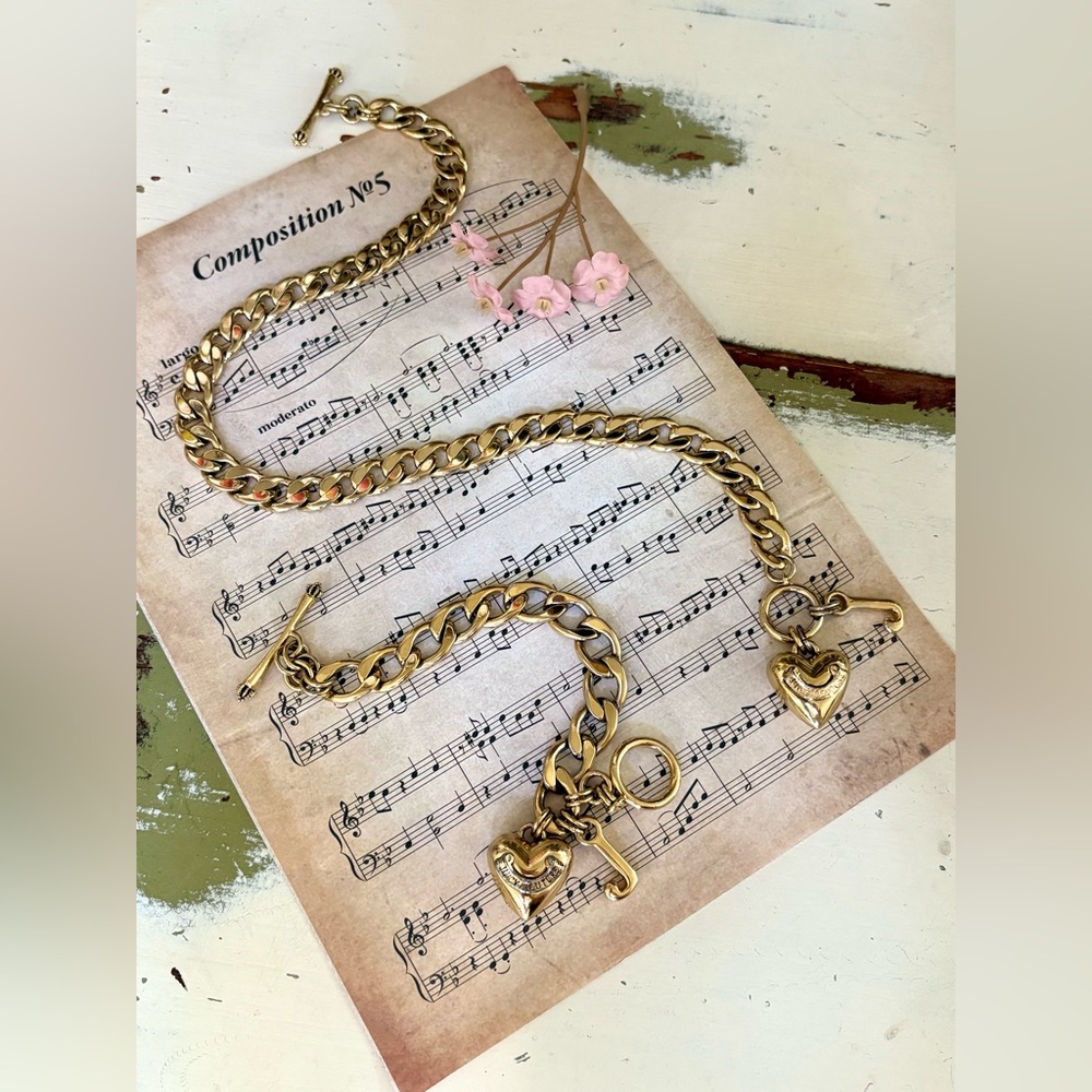 Juicy Couture Y2K Vintage Gold Tone Heart Charm Necklace and Bracelet Set